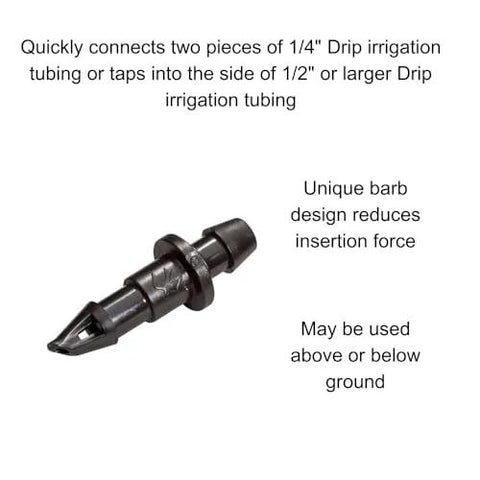 Rain Bird 1/4 inch barbed drip irrigation coupling fitting, black plastic, for 1/4 inch tubing, single piece