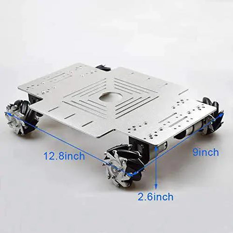 4WD Mecanum Wheel Robot Car Chassis Kit with 3mm aluminum frame, 325x230 mm platform, side view showing all wheels and size measurements