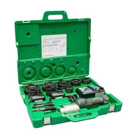 11-Ton Battery Hydraulic Knockout Punch Kit With Slug Buster For 1/2 To 4 Inch Conduit in open green carrying case