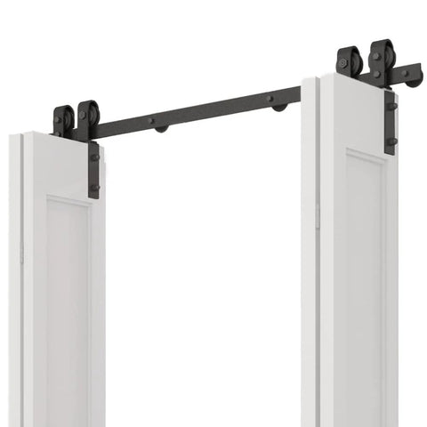 Heavy Duty Bi-Fold Barn Door Hardware Kit For Four Doors With Side Mounted Rollers Smooth Quiet Sliding Easy To Install Hinges Included To Create One Bi-Fold Door No Doors Included 51 Inch Span Built To Last Beefy Steel Track installed close-up view