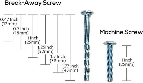 Diagram showing break-away screw and machine screw with dimensions from 0.47 inch to 1.77 inch, used for Oil Rubbed Bronze Cabinet Pulls 5 Inch 128mm Hole Centers.