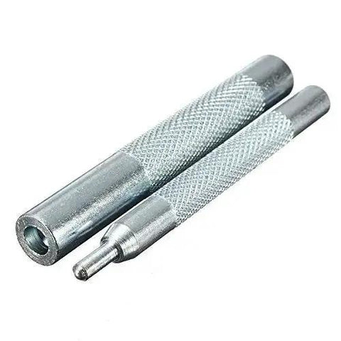 Pro Grade Heavy Duty Die Punch Snap Kit Rivet Setter With Base, metal tools, close-up on textured metal handles, hole punching