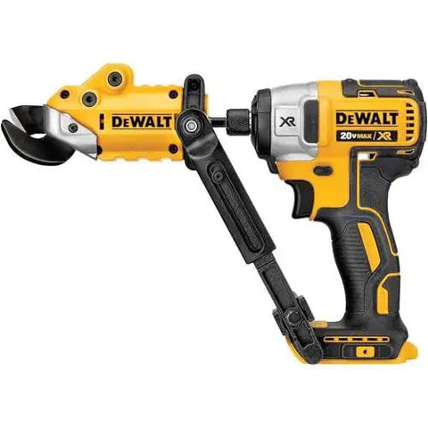 Beefy Heavy Duty Metal Shear Drill Attachment With 360 Degree Pivoting Head For Cutting 18 Gauge Metal And More, attached to DeWalt drill