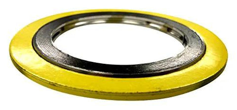 Spiral wound gasket, yellow outer ring with metal inner sealing surface, front view.
