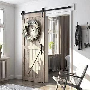 6.8 Foot Sliding Barn Door Hardware Kit With 6.8 Foot Track Kit, Pull Handle Set And Floor Guide For 36 To 40 Inch Doors installed view