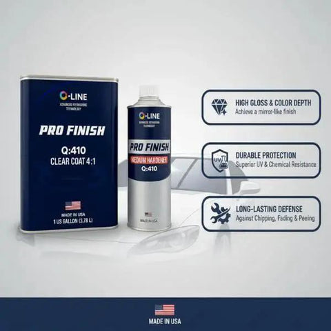 High Gloss 2K Clear Coat Kit With Hardener 4 To 1 For Refinishing 1 Gal And 1 Qt, front view of cans with features.
