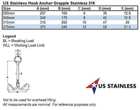 Diagram of US Stainless Steel 316 Hook Anchor Grapple with size chart and warning note, not for overhead lifting, marine use.