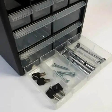 Close-up of 12-Drawer Parts Organizer In Black With Clear View Drawers, Wall Mountable for small hardware in use
