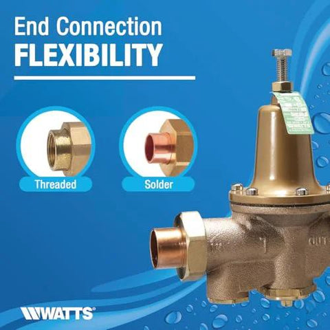 Watts LF25AUB-Z3 water pressure reducing valve, brass body, polymer seat, 3/4 in NPT female union x NPT female