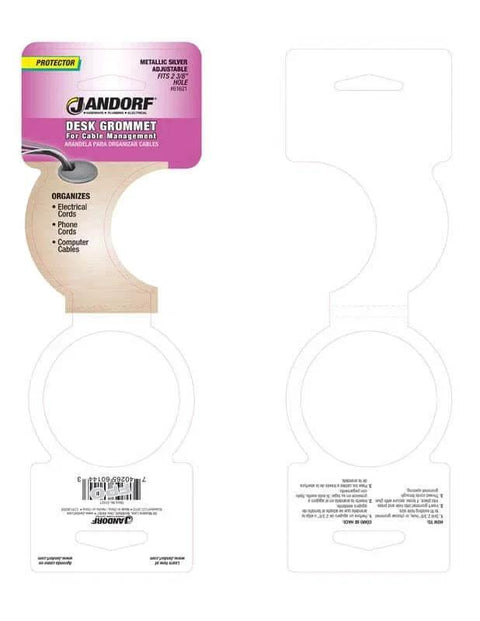 Packaging for Adjustable Metal Desk Grommet For 2-3/8 Inch Cutouts In Gray Model 61621 Cable Management Solution