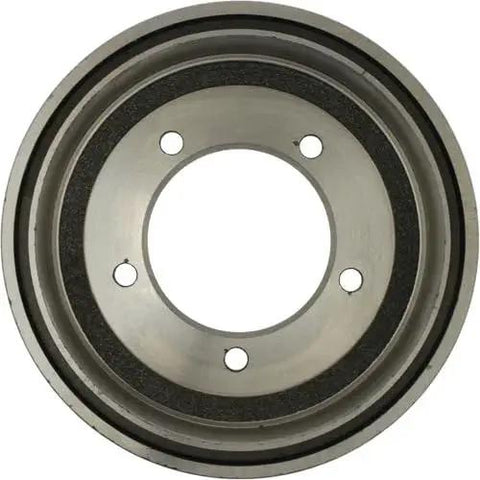 Front view of Centric 123.48015 rear brake drum with five lug holes and metallic finish