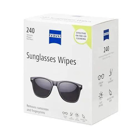 ZEISS Pre-Moistened Sunglasses Cleaning Wipes For Smudge Removal 240 Count box packaging with sunglasses graphic