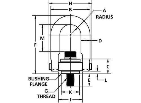Technical diagram of Bolt On Hoist Ring With One Half By Thirteen Inch Thread 2250 Pound Working Load Limit 360 Degree Swivel 180 Degree Pivot.
