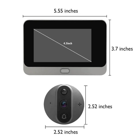 Smart Peephole Doorbell Camera With WiFi, 960P Video, Night Vision, Motion Alerts, 4.3 Inch LCD Monitor, shown with dimensions