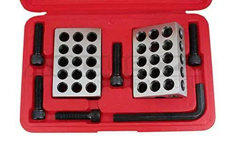 Ultra Precision One Two Three Blocks Set With Screw In Plastic Box By Accusize Industrial Tools 23 Hole Block Kit in red case.