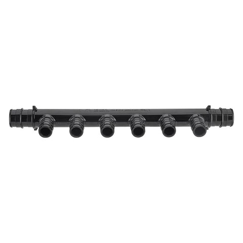 Open PEX-A PPSU manifold with six 1/2 in outlets on 3/4 in trunk, black