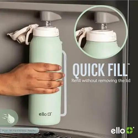 Pop And Fill 22oz Stainless Steel Water Bottle With Quick Fill Lid shown being filled in pistachio color