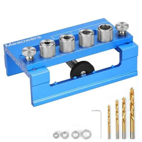 Adjustable Dowel Jig Kit And Biscuit Jointer Set with four titanium step drill bits shown, featuring drill bushings and depth stops.