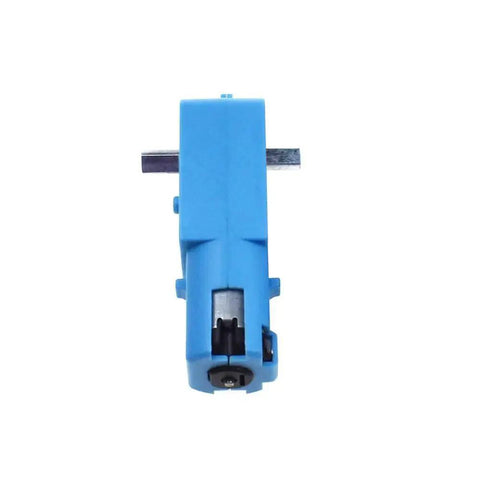 Top view of blue component from the 10Pcs Metal TT Gear Motors DC 3V-6V 1:90 Speed Reducer Gearbox Kit, showing metal axis.