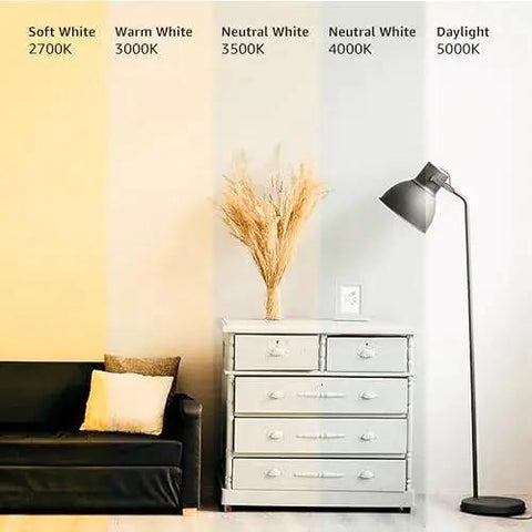 Comparison of 2700K Soft White, 3000K Warm White, 3500K Neutral White, 4000K Neutral White, 5000K Daylight light bulb effects in living room.