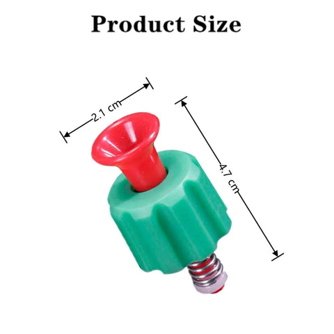 Pressure relief valve, green plastic body with red push button and metal spring for garden backpack sprayers.