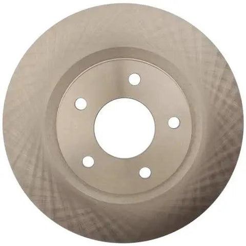 Front view of Raybestos R-Line front brake rotor, metal circular disc with central bore and five lug holes.