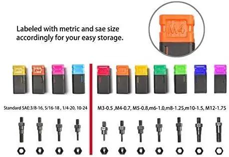 Heavy Duty Rivet Nut Tool Hand Blind Riveter with labeled mandrels and nut sizes from M3 to M12 and SAE standards, tool-free change.