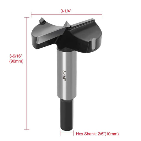 3-1/4 Inch Carbide Tipped Forstner Drill Bit For Hard Wood With Clean Flat Bottom Holes, shown with dimensions and hex shank