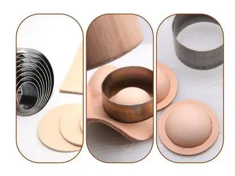8 Piece Leather Hole Punch Die Set for Leather Craft Circle Cutting Dies in action with round leather cuts displayed.