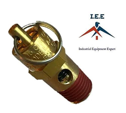 Brass 1/4 in NPT air compressor safety relief valve, 150 PSI, tank pop-off, side view