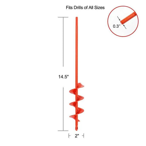 Side view of Efficient Planting Auger Drill Bit With Two Inch Diameter And Fourteen Point Five Inch Length For Fast Garden Digging.