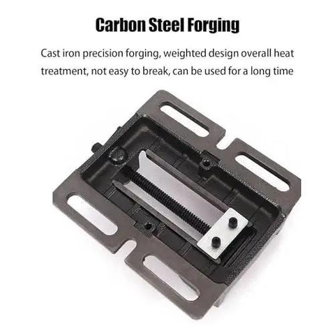 4 Inch Small Flat Table Vise For Woodworking And Machining With Quick Clamp Jaw System Precision Bench Vise For Drilling Cutting And Workpiece Handling Ideal Clamp Fixture For Secure Easy Grip In Your Home Workshop, top view showing cast iron construction and slotted base.