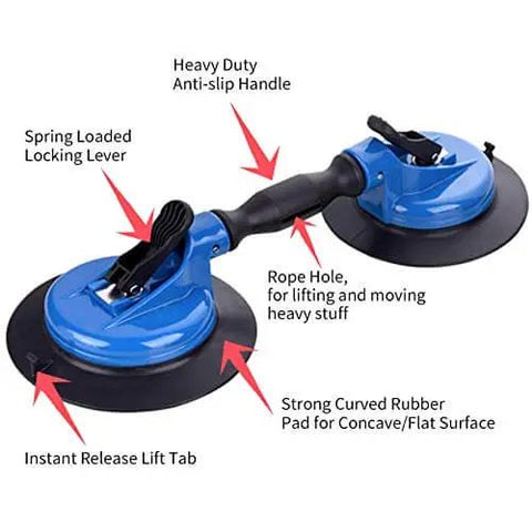 Heavy Duty Vacuum Suction Cup Lifter 330lb Lift for glass stone with dual swivel pads and ergonomic grip, shown with locking lever and release tab