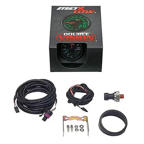 Double Vision 100 PSI Oil Pressure Gauge Kit with Electronic Sensor, MaxTow packaging with sensor, wiring harness, and components.