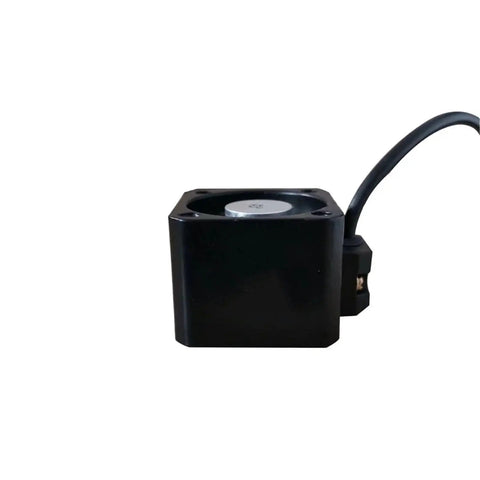 Side view of black NEMA 17 stepper motor with brake module and attached cable