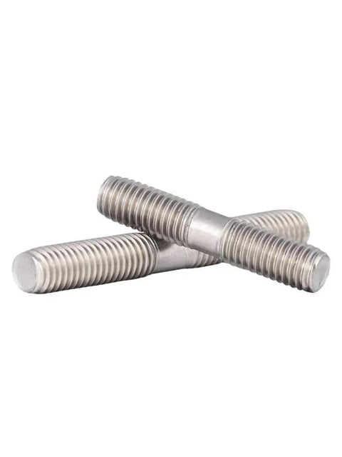 Close-up of Stainless Steel Double End Threaded Stud Bolt UNC Headed Screws 3/8-16 X 55mm on white background.