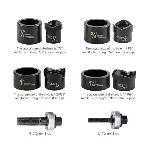 Heavy Duty Knockout Hole Punch Kit For Electrical Conduit 1/2 Inch 3/4 Inch 1 Inch 1-1/4 Inch with different punch sizes and draw studs
