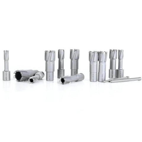 Heavy Duty Carbide TCT Annular Cutter Set For Magnetic Drill Press 13 Piece With Weldon Shank And One And Three Eighths Inch Cutting Depth