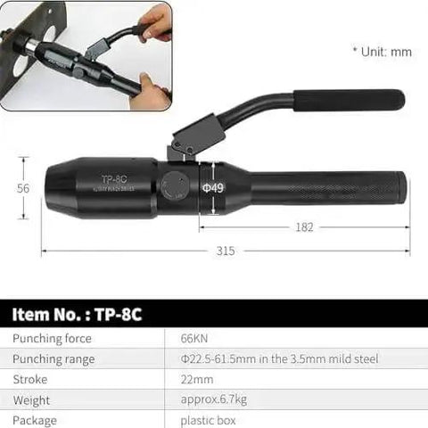 Hydraulic Knockout Punch Kit With Manual Hole Cutter Set showing handle, punching force details, unit TP-8C for electric conduit.