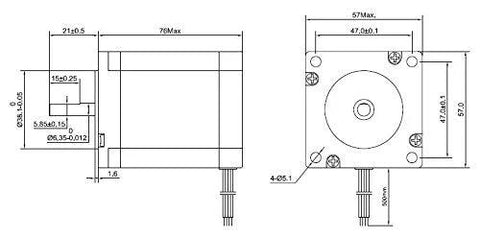 NEMA 23 stepper motor schematic with front and side views and dimension callouts