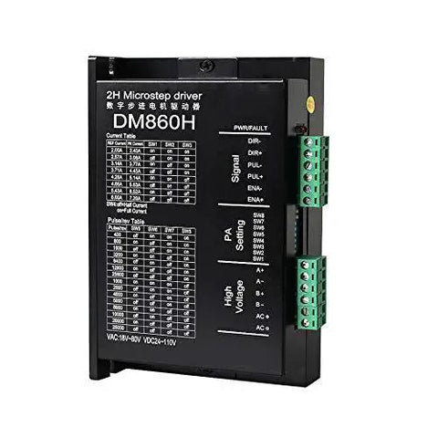 Front view of Digital Microstep Driver DM860H DSP CNC Controller for Nema 23 and Nema 34, black aluminum cover with connection ports.