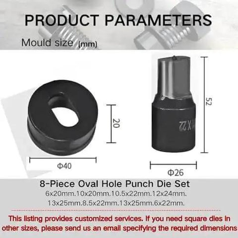 Diagram showing Pro Grade 30 Piece Round Hole Punch Die Set for Hydraulic Punch Tool with dimensions and shapes.