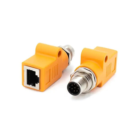 Waterproof M12 to RJ45 bulkhead adapter A Code 8 pin male to RJ45 jack straight orange for industrial automation machinery sensors