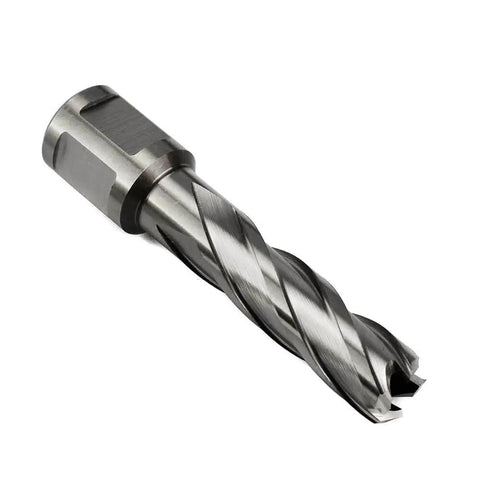 Annular Cutter For Magnetic Drill Press Heavy Duty 9/16 Inch Cutting Diameter And 2 Inch Depth Of Cut With 3/4 Inch Weldon Shank And Two Flat Sides Plus Pilot Pin Oscarbide, shown from side view.