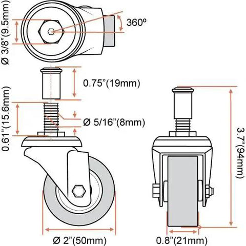 Technical diagram of Six Pack 2 Inch Low Profile Swivel Caster Wheels With Threaded Post Mount For Creeper Service Cart Or Stool
