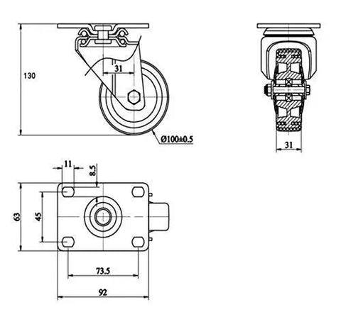 Technical diagram of Heavy Duty 4 Inch Swivel Caster Set Of 4 With Plate Mounting And Premium Polyurethane Wheels 2600 Lb Total Capacity