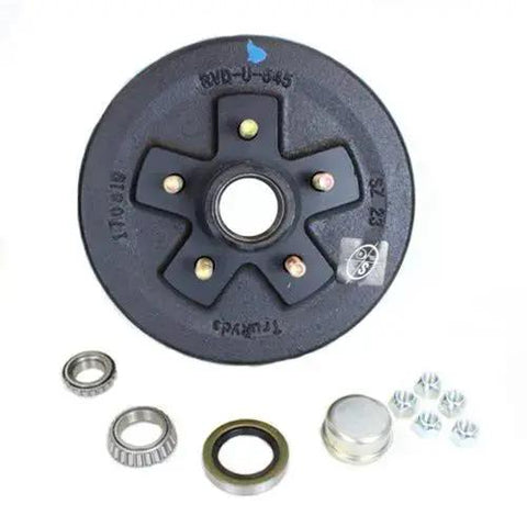 Southwest Wheel 3,500 lb trailer axle self-adjusting electric brake kit; dark metal backing plate with bearings, seals, grease cap, and hardware.