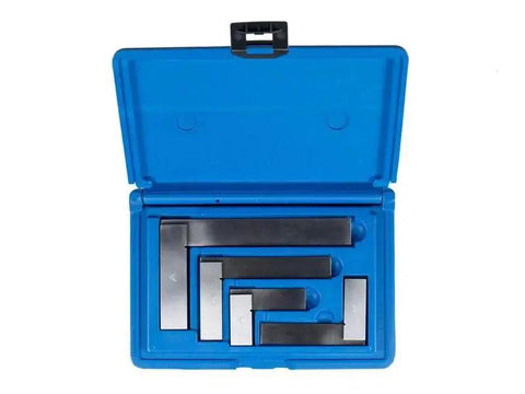 Machinist Square For Accurate Layout And Right Angles In Woodworking Pro Grade Precision Ground 90 Degree Square 4 X 3 Inch Hardened Tool Steel Blade With Tight Tolerance Ideal For Precision Measuring And Layout Work By PEC Tools. Set of squares in a blue case.