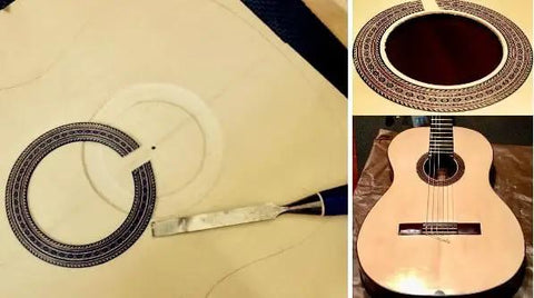 Guitar soundhole circle cutting with Circle Cutting Guide Kit for plunge routers, showing precise inlay work.