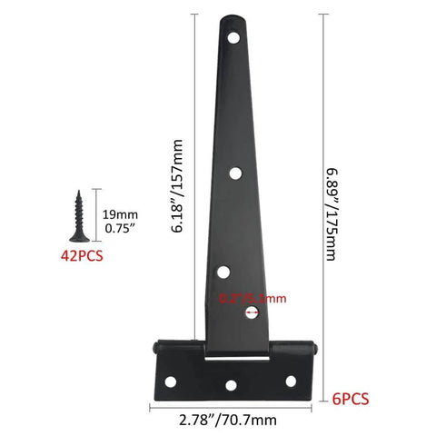Image of 6 Pack 6 Inch T Strap Shed Hinges Heavy Duty Black For Barn Doors Sheds And Wooden Fences showing dimensions